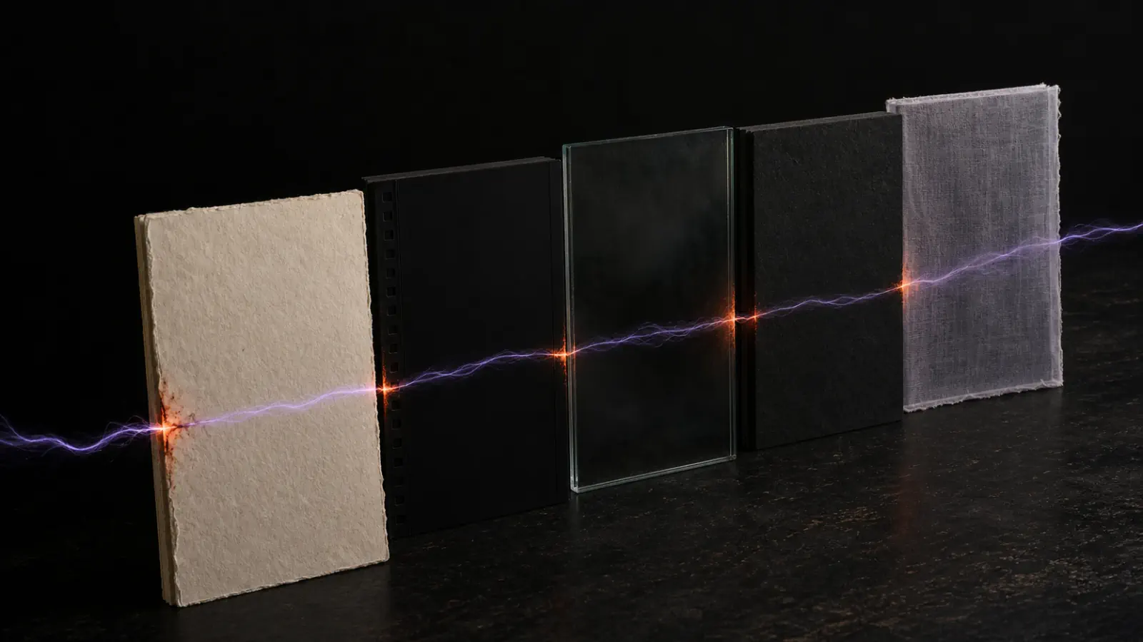 Editorial papers and creative frames connected by a fine violet thread.