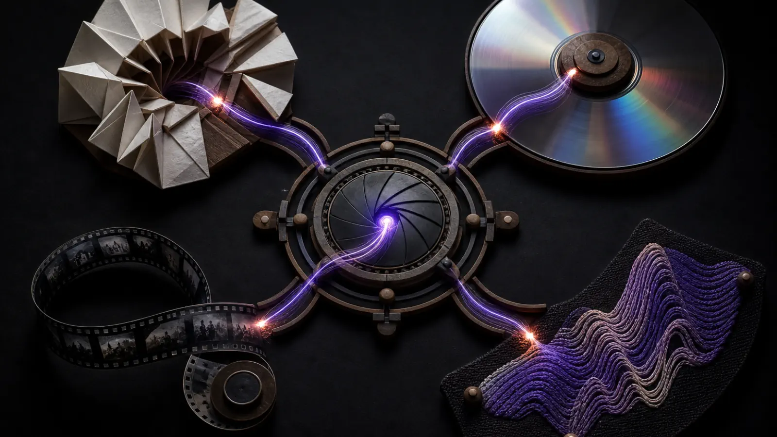 A luminous thread connecting an agent to image, sound, and film materials.