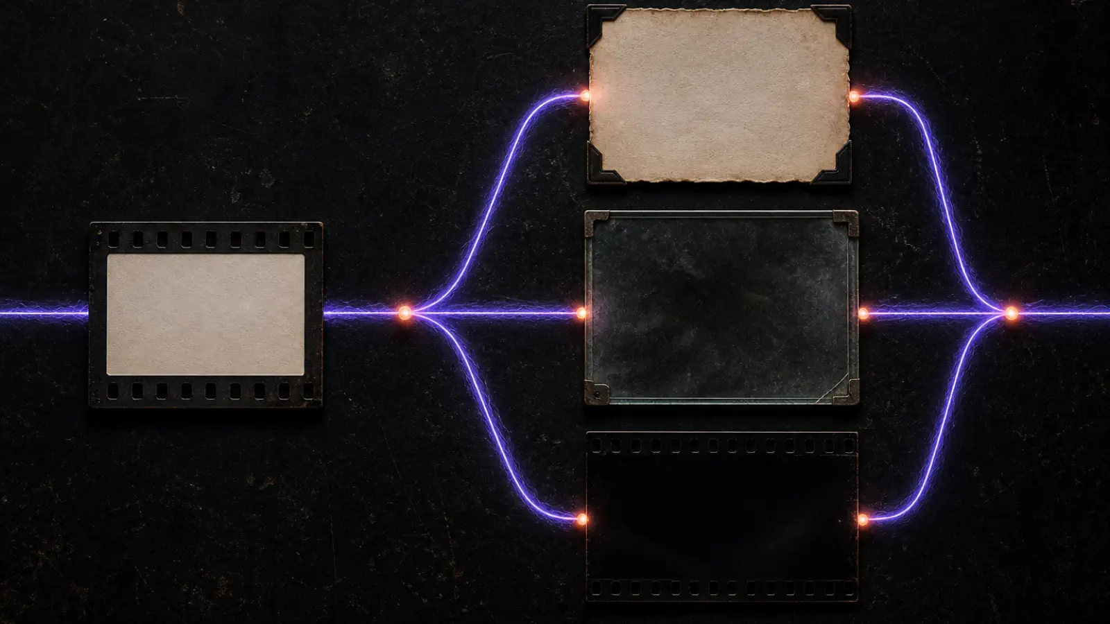Successive creative frames kept together on one continuous surface.
