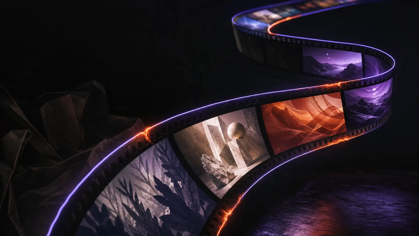 A gallery of creative outcomes suspended along one luminous line.