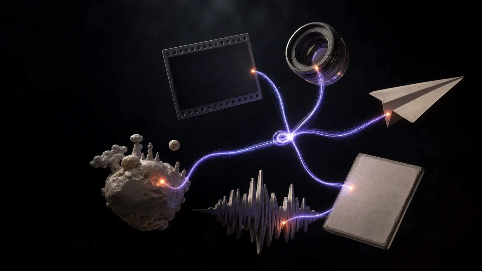 Image, film, sound, paper, and 3D forms connected on one cinematic stage.