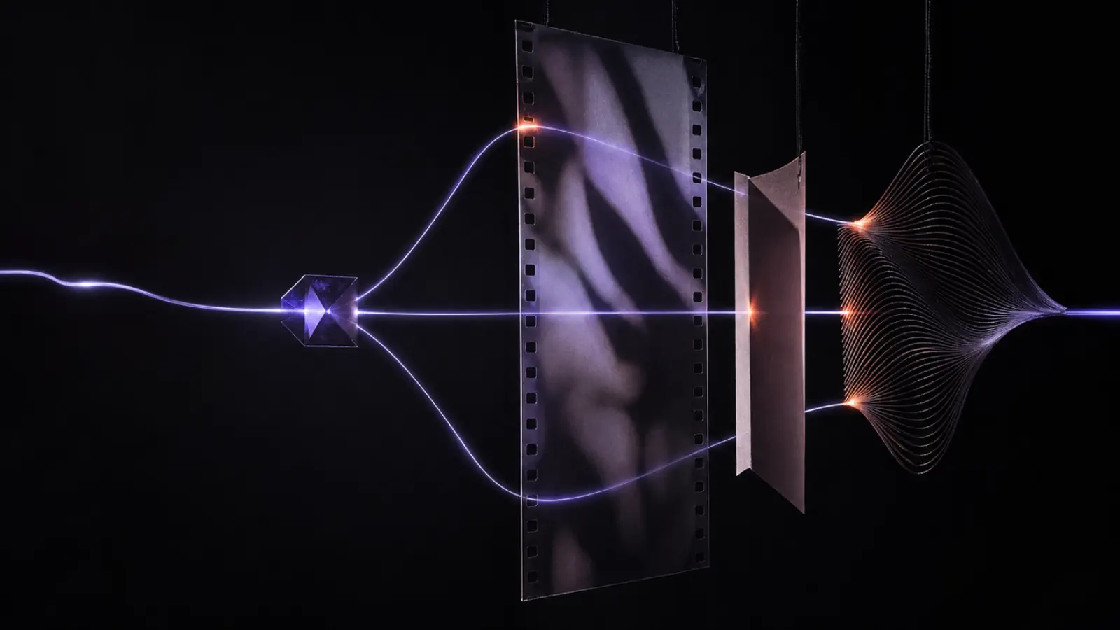 A luminous thread connecting several distinct creative materials.