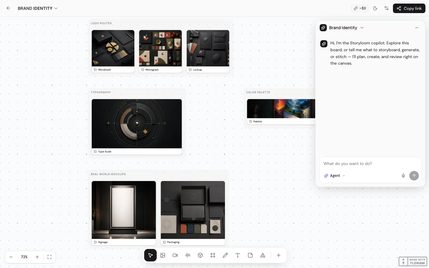 The real Storyloom canvas with creative artifacts and the copilot panel