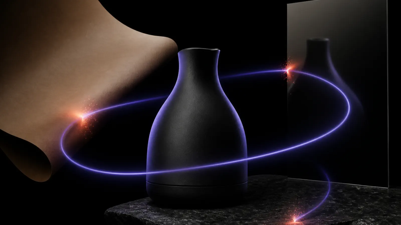 Product photography materials composed around a continuous thread.
